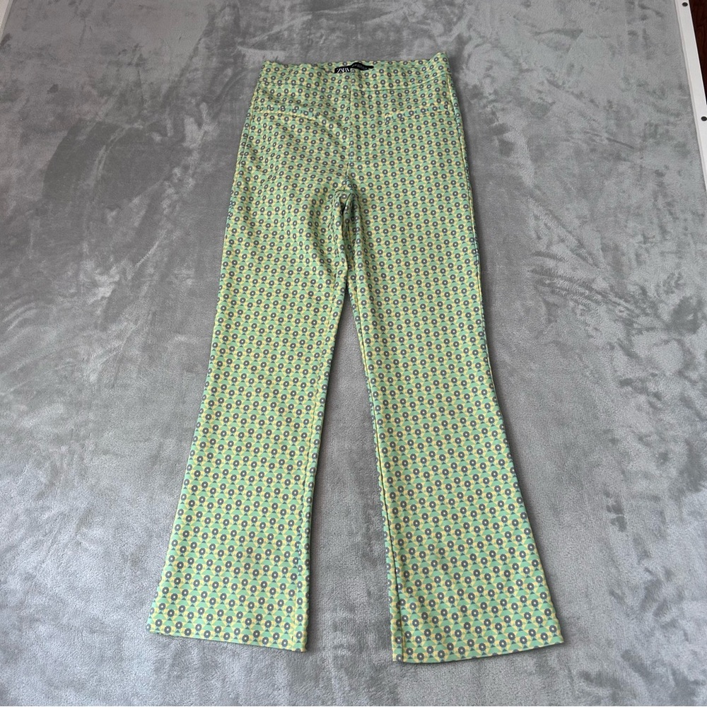 Zara Disco Hippie Pants Women’s XS Green Flare Mid Rise 70s Whimsical